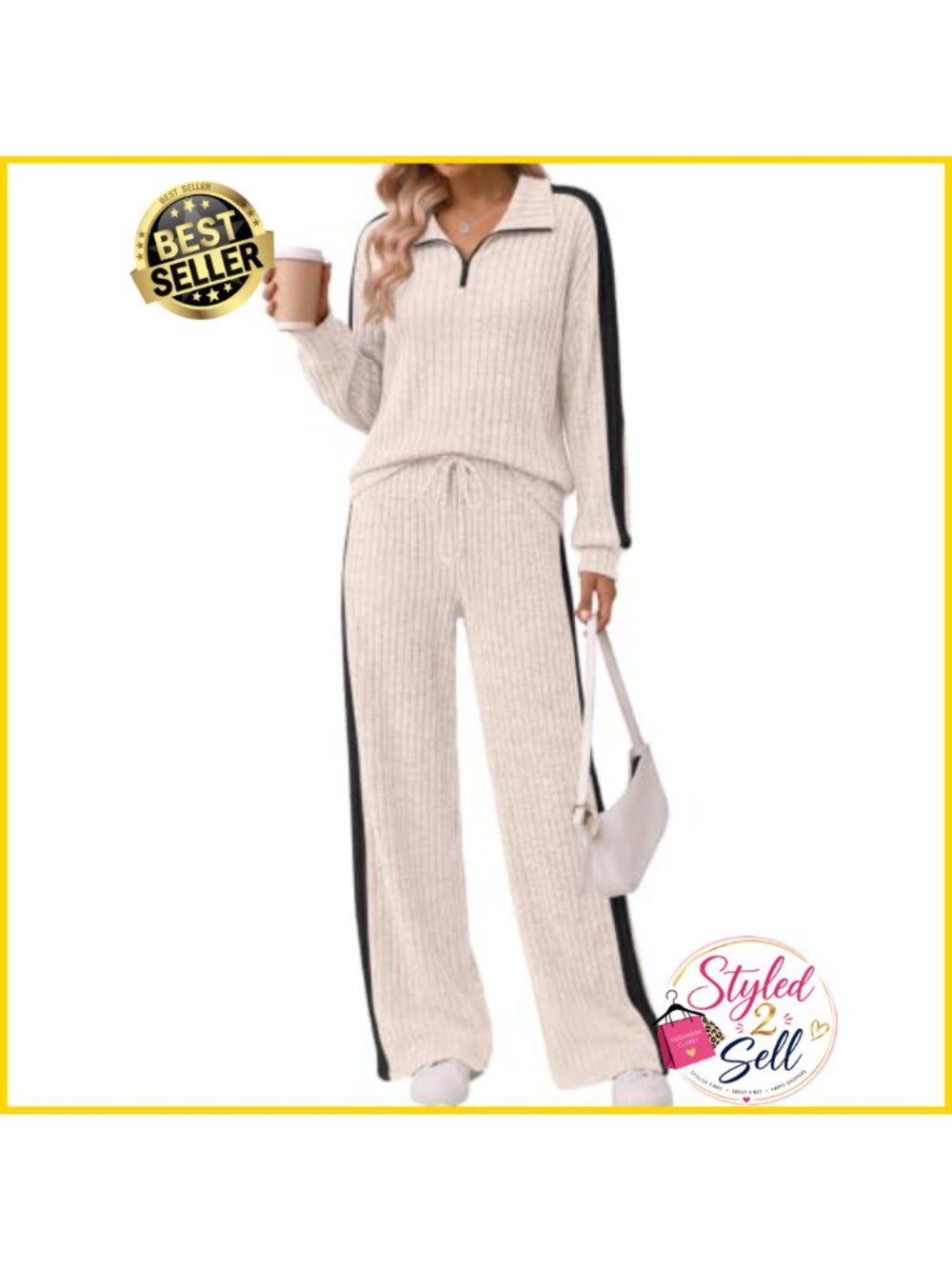 2 Piece Lounge Set Quarter Zip Top Wide Leg Pants Drawstring Pockets